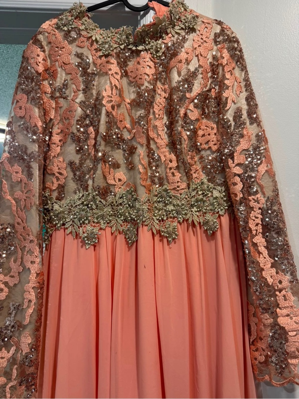 Coral Long-Sleeve Maxi Dress with Floral Lace and Sequin Bodice